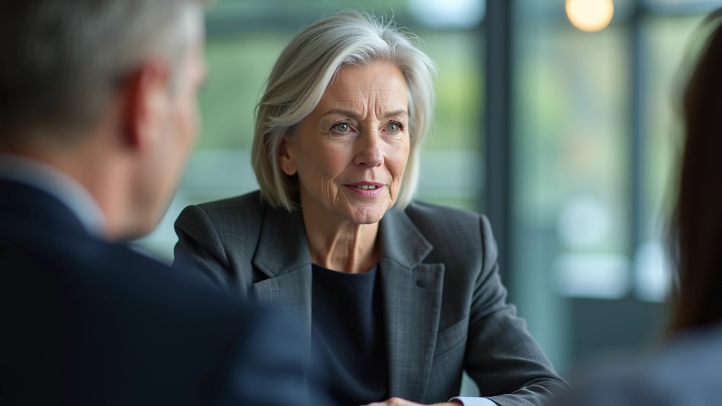 Reife Professionelle Frau im Meeting, konzentriert zuhörend, modernes Büro mit Besprechungstisch