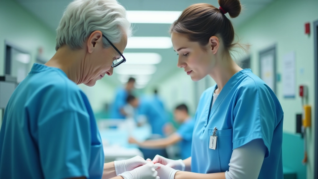 Ältere Pflegekraft und junge internationale Kollegin in Krankenhaus, Zusammenarbeit in Gesundheitswesen, moderne Medizintechnik im Hintergrund