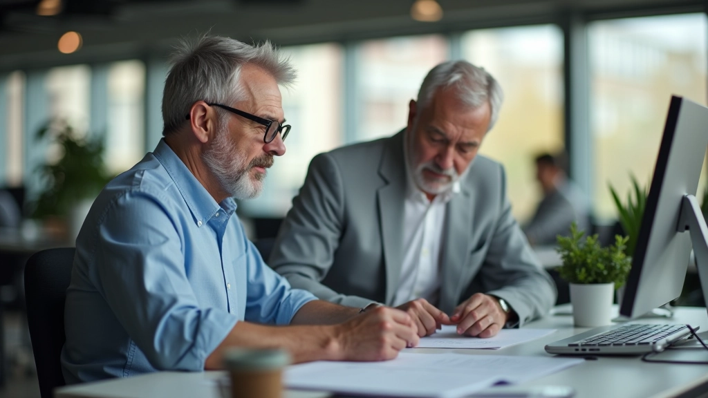 Älterer Arbeiter und jüngerer Kollege arbeiten gemeinsam in modernem Büro, Generationenvielfalt am Arbeitsplatz