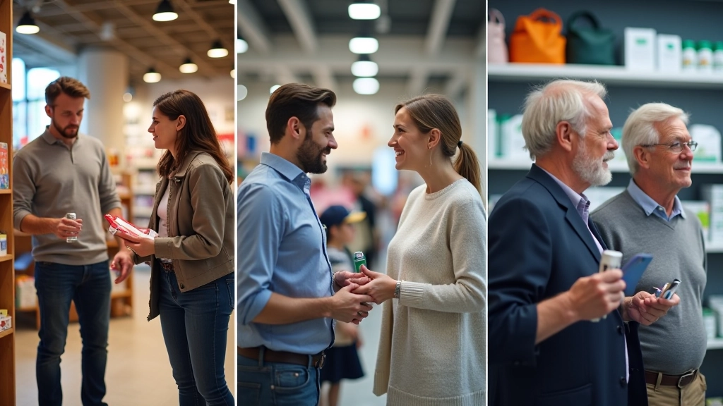 Verschiedene Altersgruppen beim Einkaufen und Konsumieren, Familie, junge Frau, älteres Paar in verschiedenen Szenen